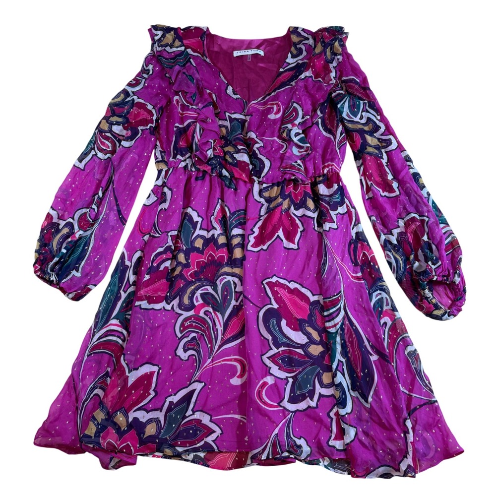 Trina Turk Pink Floral Silk Saka Dress Metallic Ruffle Mini Long Sleeve Size L - Picture 1 of 7